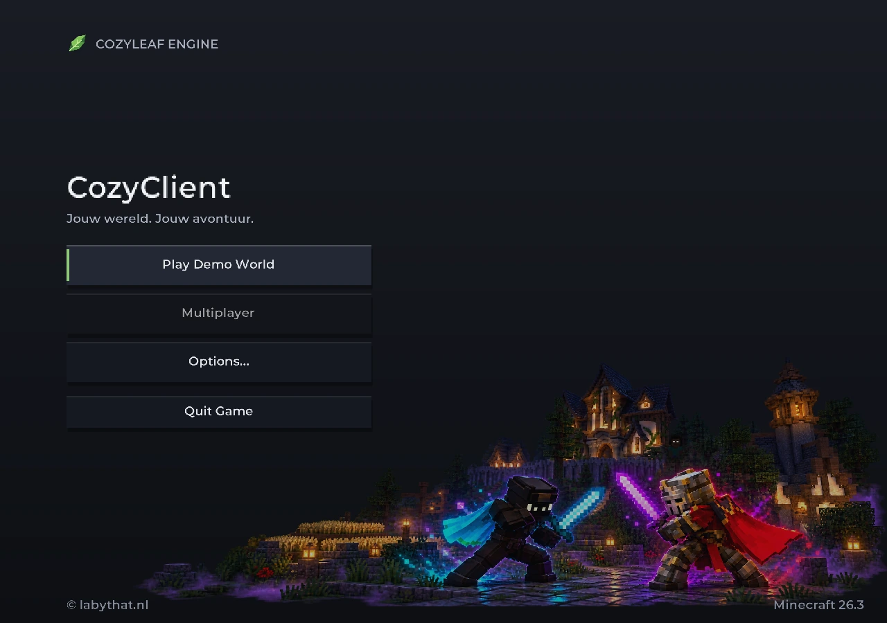 Het CozyClient-bètastartscherm met onze build, ninja en ridder.